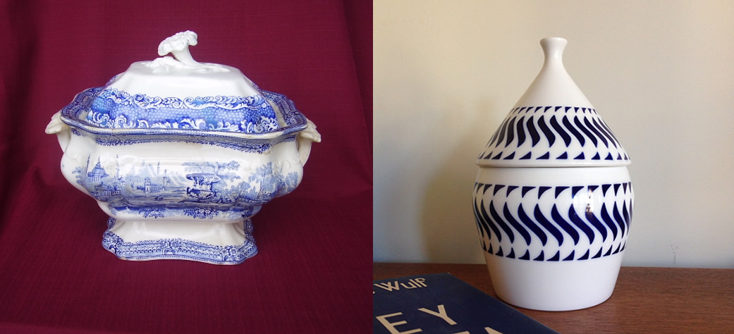  A la izquierda una sopera de Sargadelos de 1845. A la derecha la bombonera Cil Follellas Azul que me trajo Sandra de su tierra hace poco. 